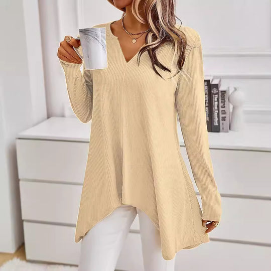Damen Ripp Longsleeve Tunika mit V-Ausschnitt und asymmetrischem Haifischsaum Shop Nory