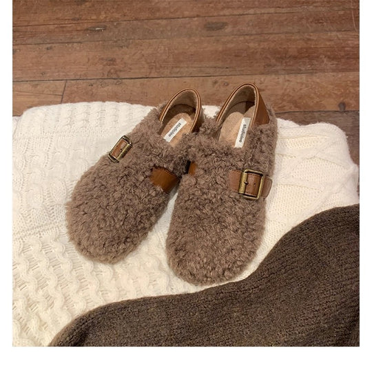 Damen Gefütterte Teddy-Flausch Mules mit verstellbarer Metallschnalle und Fersenriemen Shop Nory