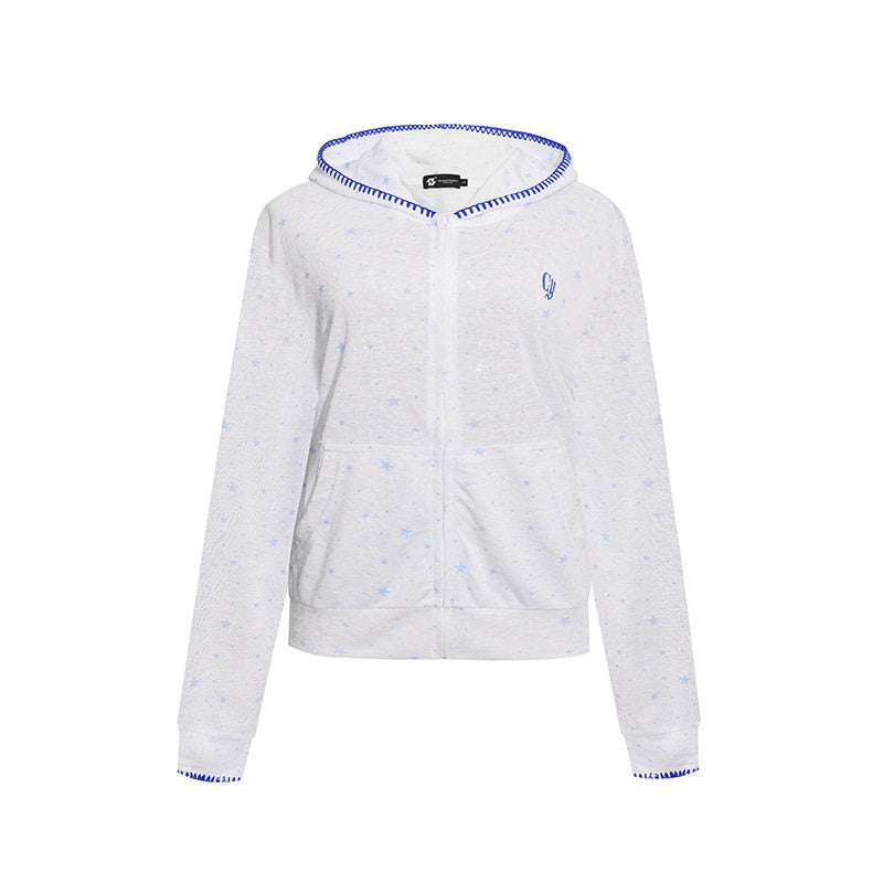 Damen Leichter Kapuzen-Zipcardigan mit Sternenallover und Ziernaht Shop Nory