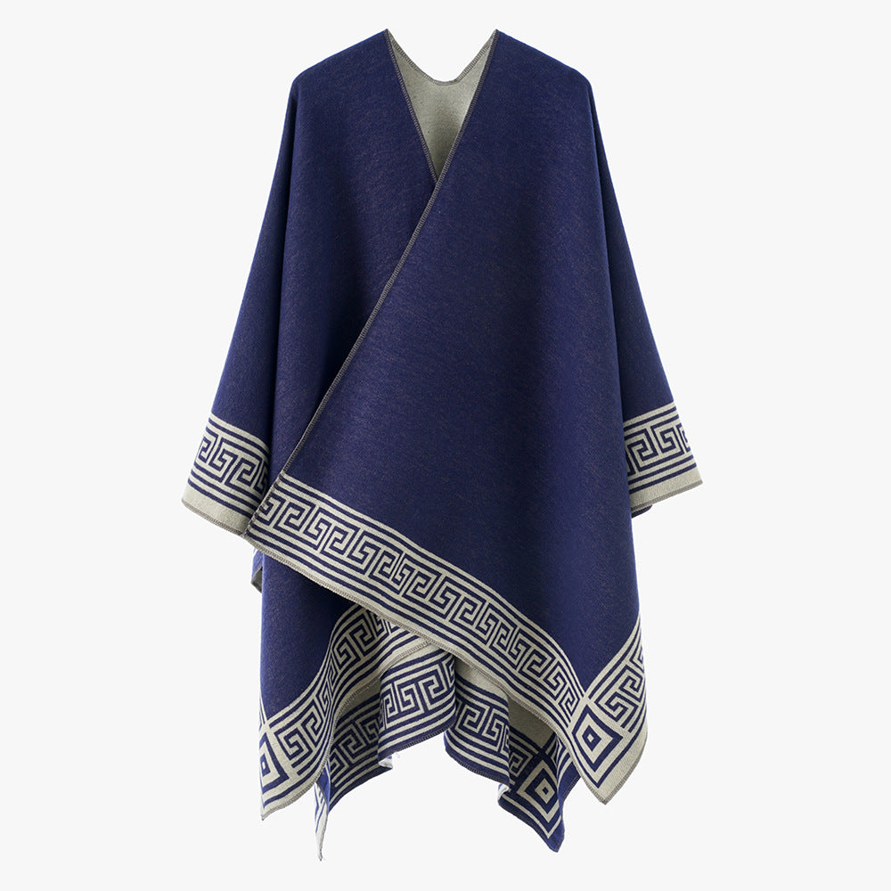 Damen Poncho‑Cape mit griechischer Bordüre, V‑Ausschnitt und kastigem Oversize‑Schnitt Shop Nory
