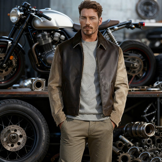 Herren Lederjacke mit Cord-Ärmeln, Hemdkragen und durchgehendem Reißverschluss Shop Nory