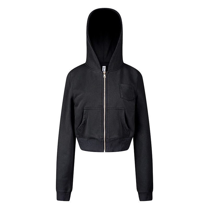 Damen Kurz geschnittene Kapuzen-Sweatjacke mit durchgehendem Reißverschluss im Boxy-Schnitt und Brusttasche Shop Nory