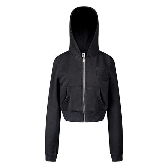Damen Kurz geschnittene Kapuzen-Sweatjacke mit durchgehendem Reißverschluss im Boxy-Schnitt und Brusttasche Shop Nory
