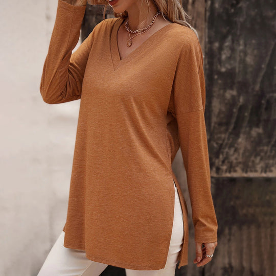 Damen lässige V-Neck Longsleeve-Tunika mit Seitenschlitzen und relaxed Fit Shop Nory