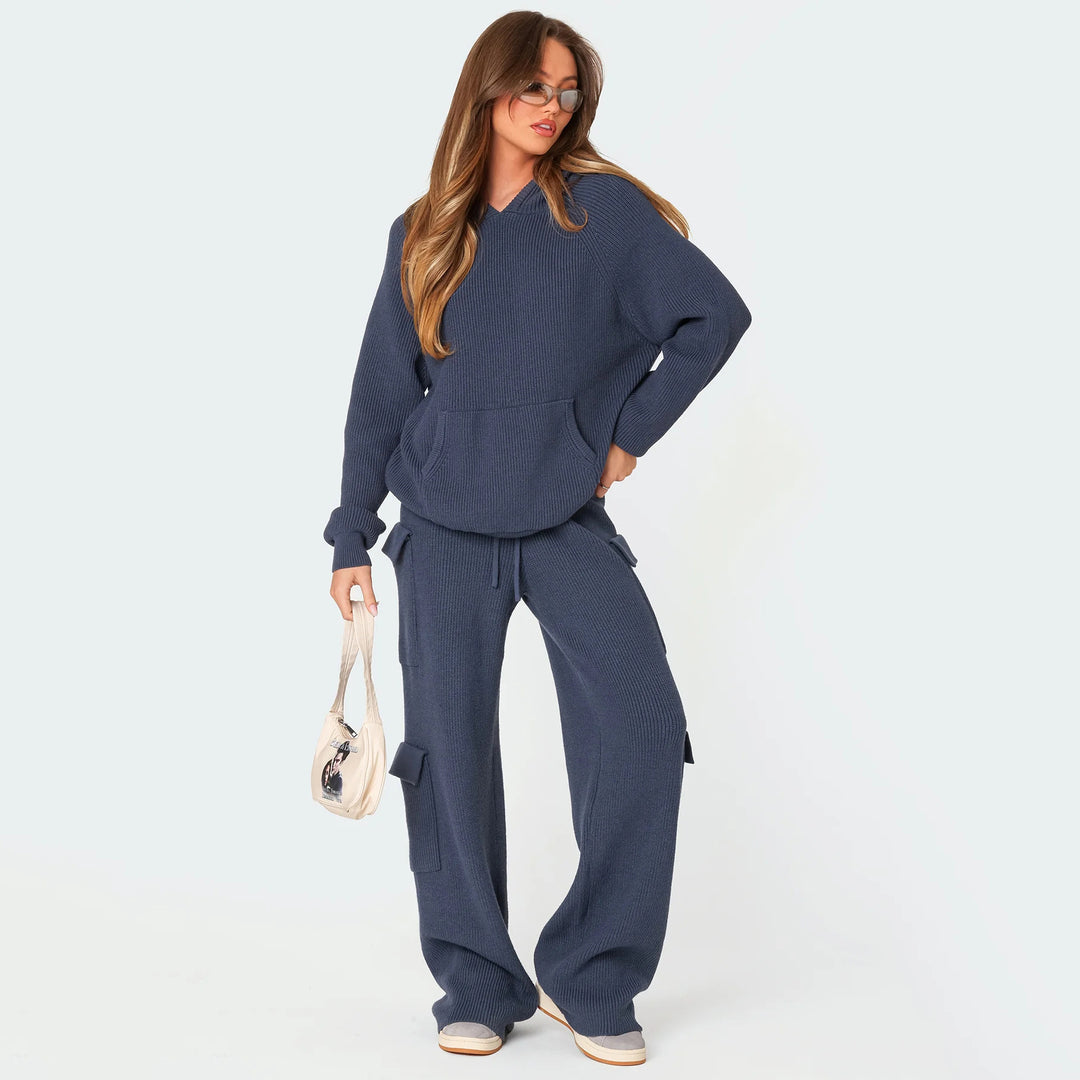 Damen geripptes Strick-Loungewear-Set mit Kapuzenpullover und Cargo-Hose Shop Nory