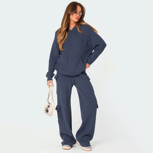 Damen geripptes Strick-Loungewear-Set mit Kapuzenpullover und Cargo-Hose Shop Nory