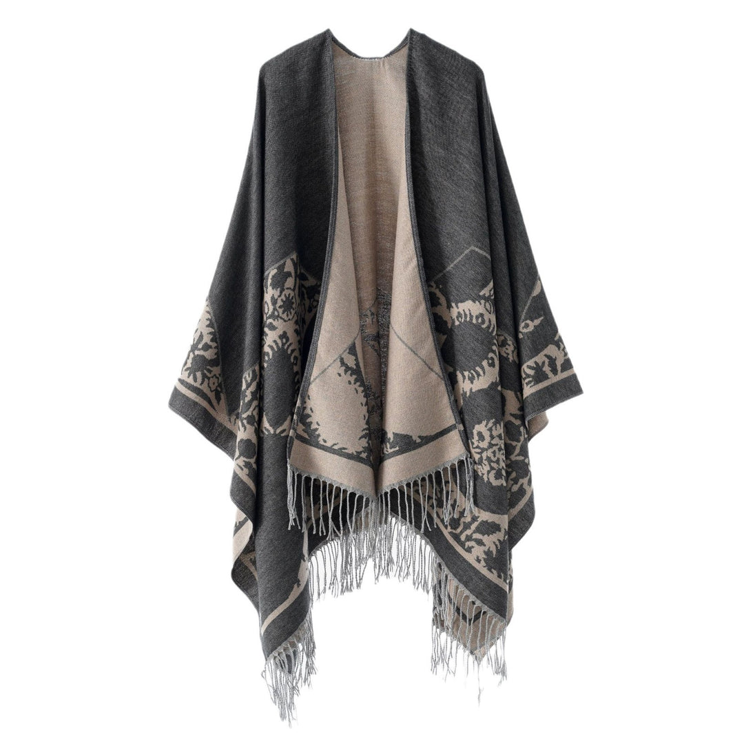 Damen Wendbarer Feinstrick-Poncho mit Jacquardmuster und Fransensaum Shop Nory