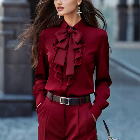 Damen Rüschenbluse mit Schleifenkragen und Volantfront Shop Nory