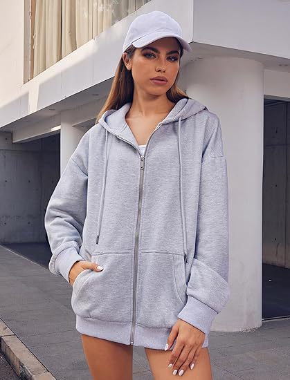 Damen nan oversized Zip-Kapuzenjacke mit kontrastierendem Reißverschluss, doppellagiger Kapuze und Kängurutasche Shop Nory