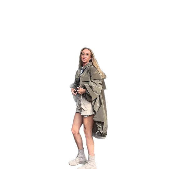 Damen Oversize-Utility-Kapuzenjacke mit Tunnelzug, Pattentaschen und elastischen Bündchen Shop Nory