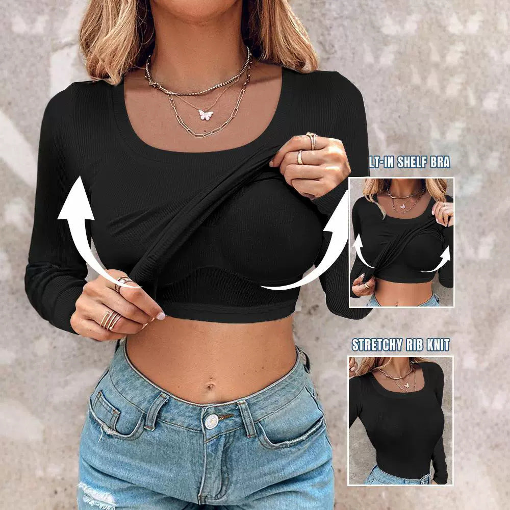 Damen Cropped Rippenstrick Langarmshirt mit integriertem Bustier Shop Nory