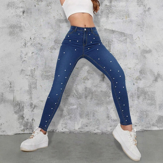 Damen hochtaillierte Skinny-Jeans mit Perlenbesatz Shop Nory