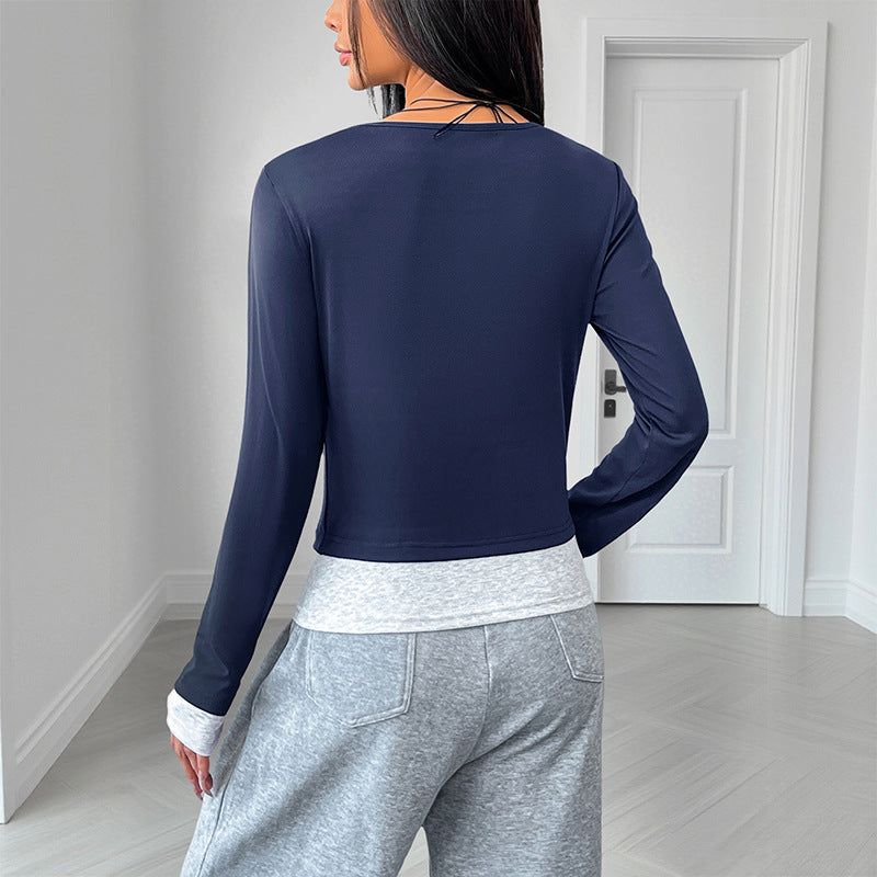 Damen Langärmeliges Crop-Shirt mit Henley-Knopfleiste, Figurbetonter Stretch-Passform und Daumenloch Shop Nory