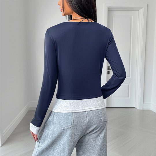 Damen Langärmeliges Crop-Shirt mit Henley-Knopfleiste, Figurbetonter Stretch-Passform und Daumenloch Shop Nory