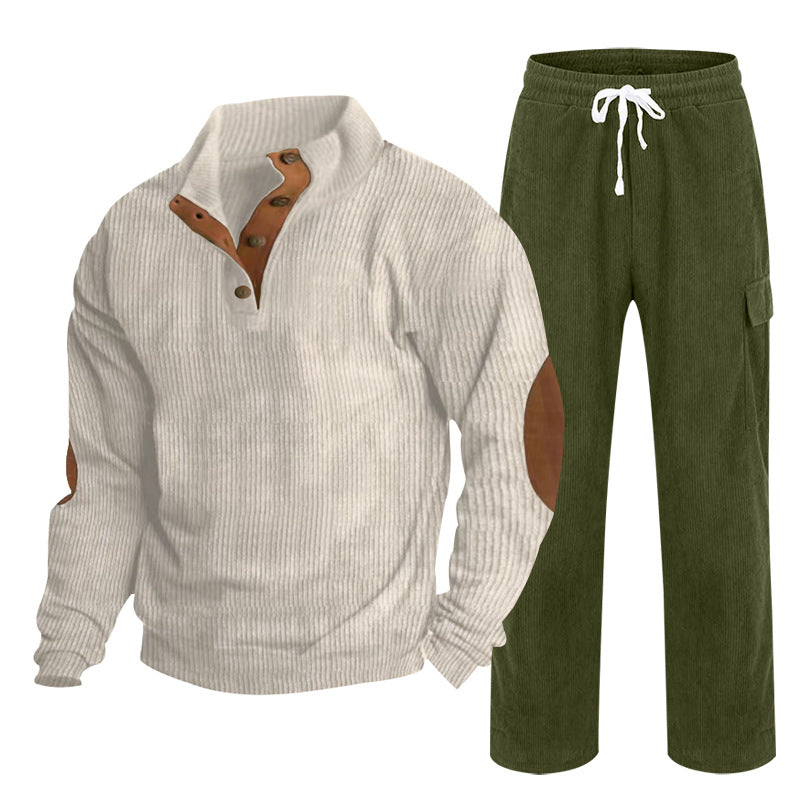 Herren Gemütliches Freizeit-Set aus Waffelstrick-Henley mit Ellenbogenpatch und Relax-Cargo-Hose Shop Nory