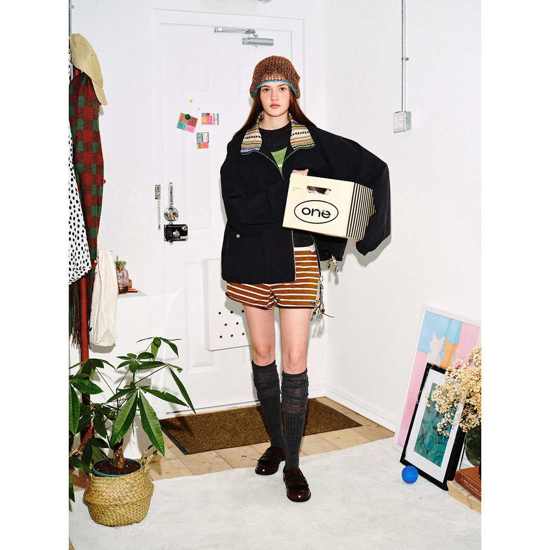 Damen Kurzjacke im Boxy‑Cut mit gemustertem Stehkragen und Kordelzug Shop Nory