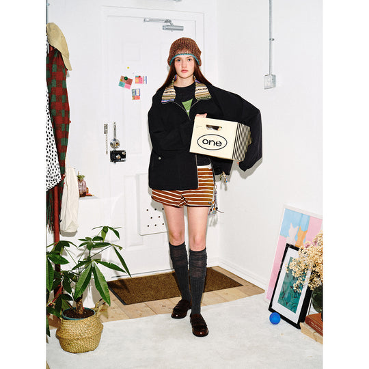Damen Kurzjacke im Boxy‑Cut mit gemustertem Stehkragen und Kordelzug Shop Nory