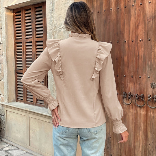 Damen Rüschenbluse mit Stehkragen, Bindeschleife und Smokärmeln Shop Nory