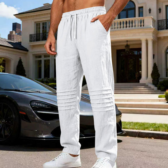 Herren Leinenoptik-Loungehose mit Tunnelzug elastischem Bund und abgesteppten Kniepanelen Shop Nory