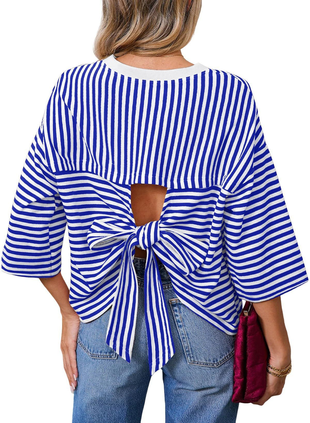 Damen Gestreiftes Oversize-Shirt mit Rückenausschnitt und Schleifenbindung Shop Nory