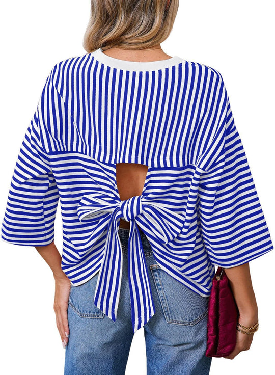Damen Gestreiftes Oversize-Shirt mit Rückenausschnitt und Schleifenbindung Shop Nory