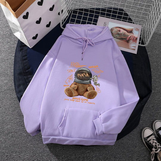 Damen nan lässiger Hoodie mit Astronauten‑Teddy‑Print, Kängurutasche und weichem Fleece-Innenfutter Shop Nory