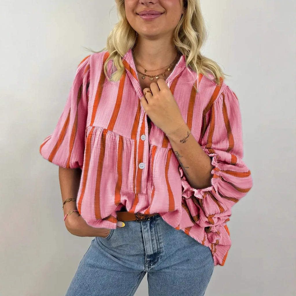 Damen Lässige gestreifte Bluse mit weiten Ärmeln und Knopfleiste Shopnory