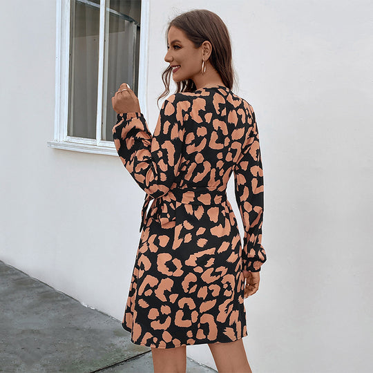 Damen Wickelkleid mit tailliertem Knoten, V-Ausschnitt, Ballonärmeln und Animal-Muster Shop Nory