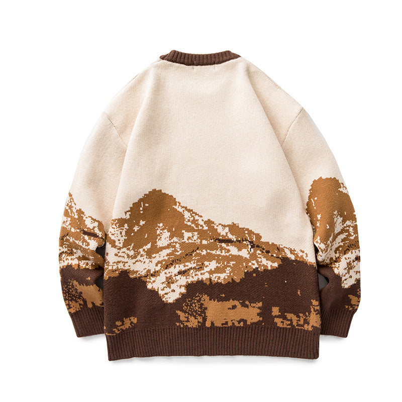 Unisex Oversize-Strickpullover mit Bergjacquard und geripptem Rundhalsausschnitt Shop Nory