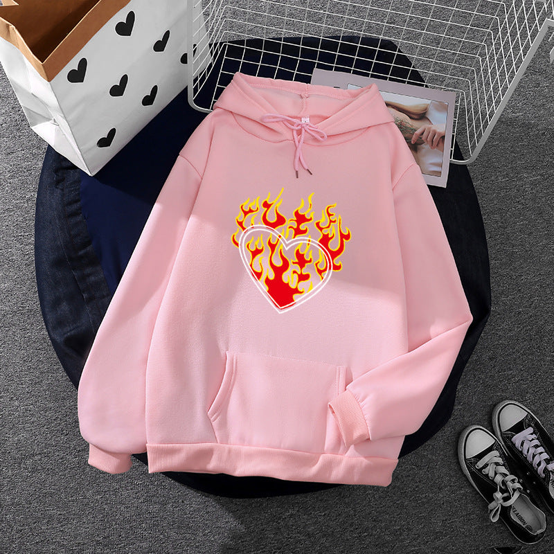 Damen nan leichter Oversize Kapuzenpullover mit Herz‑EKG‑Motiv, langen Kordeln und elastischem Bund Shop Nory