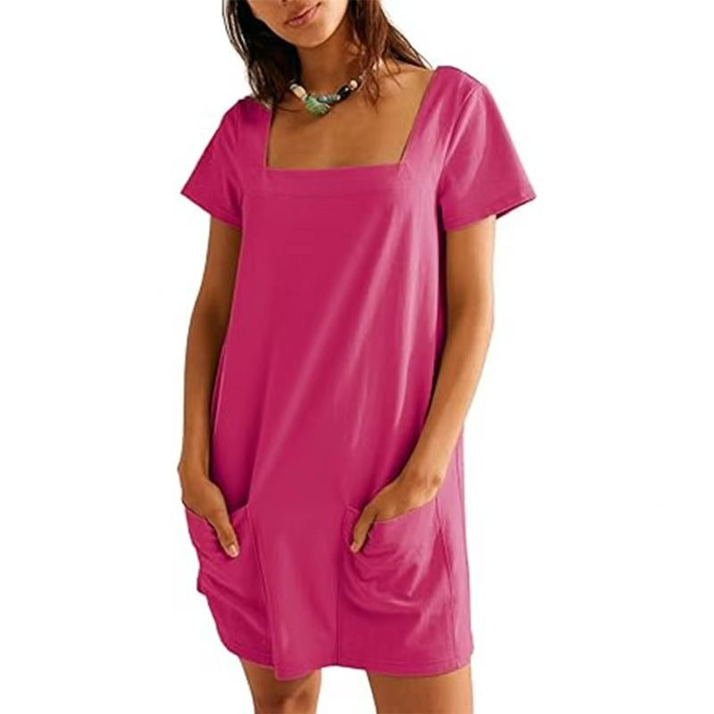 Damen Lockeres Sommerkleid mit Quadrat-Ausschnitt und praktischen Taschen