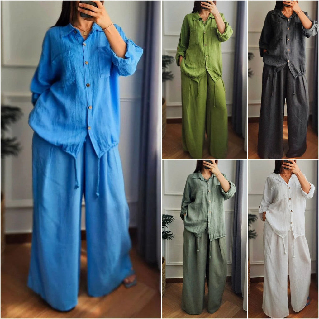 Damen Leinen-Set mit weiten Hosen undlässiger Bluse