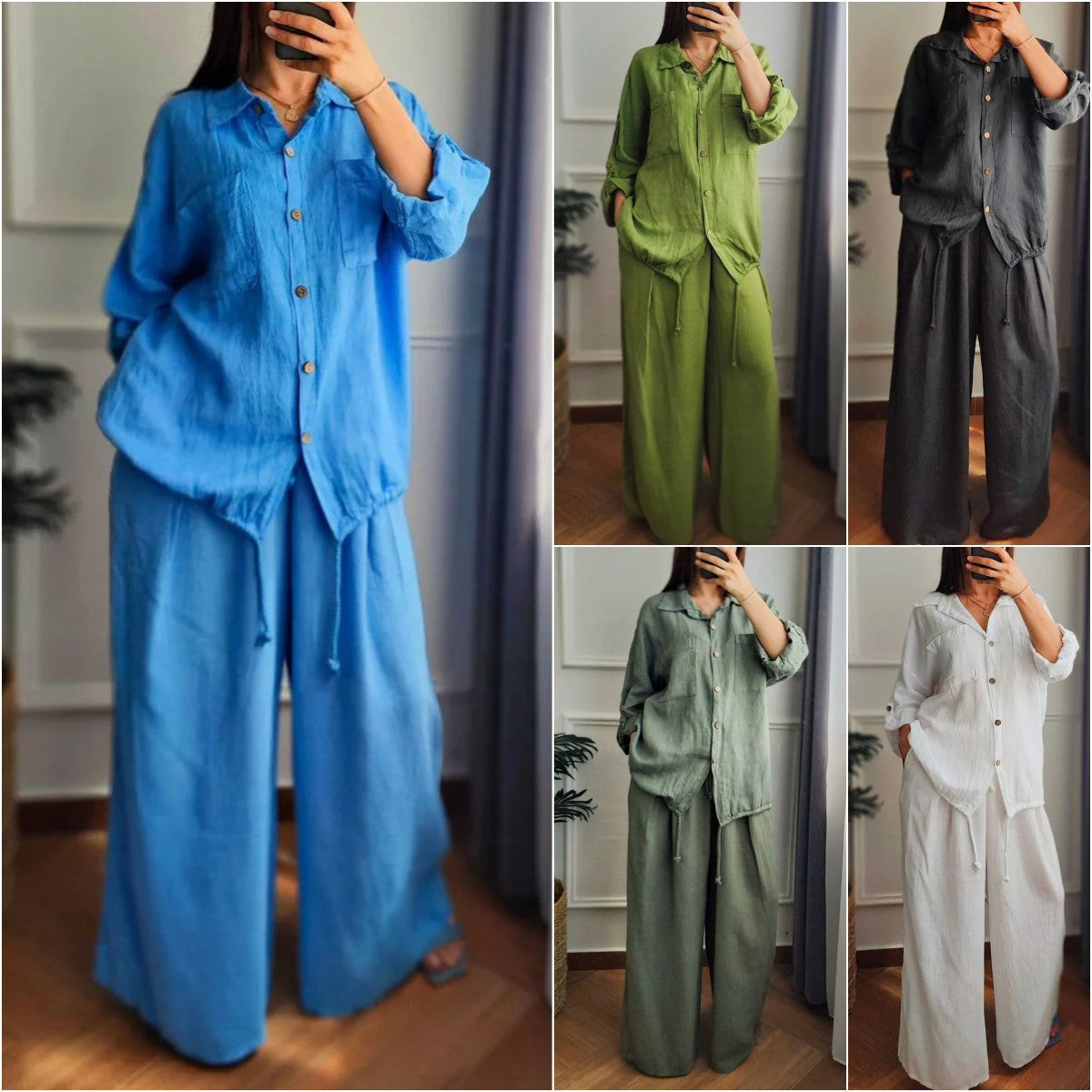 Damen Leinen-Set mit weiten Hosen undlässiger Bluse