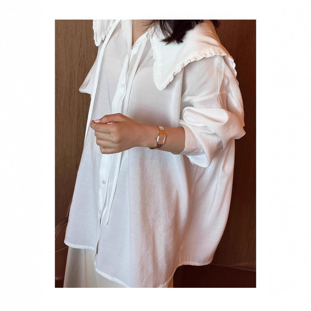 Damen Oversize-Hemdbluse mit großem Rüschenkragen und Krempelärmeln Shop Nory