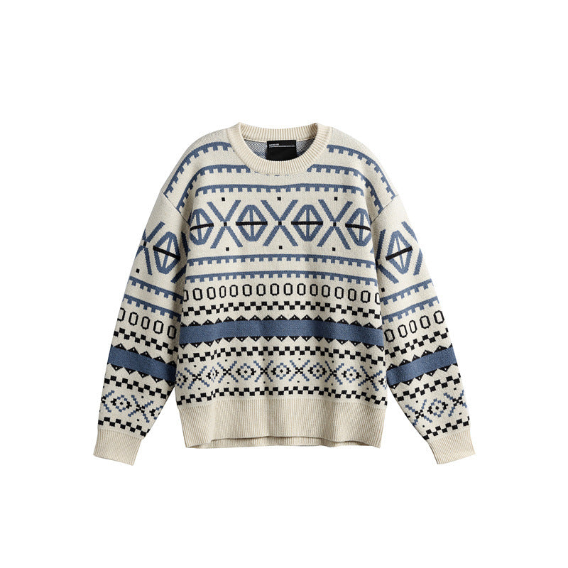 Unisex Gemusterter Grobstrickpullover im Norwegerstil mit Rundhals Shop Nory