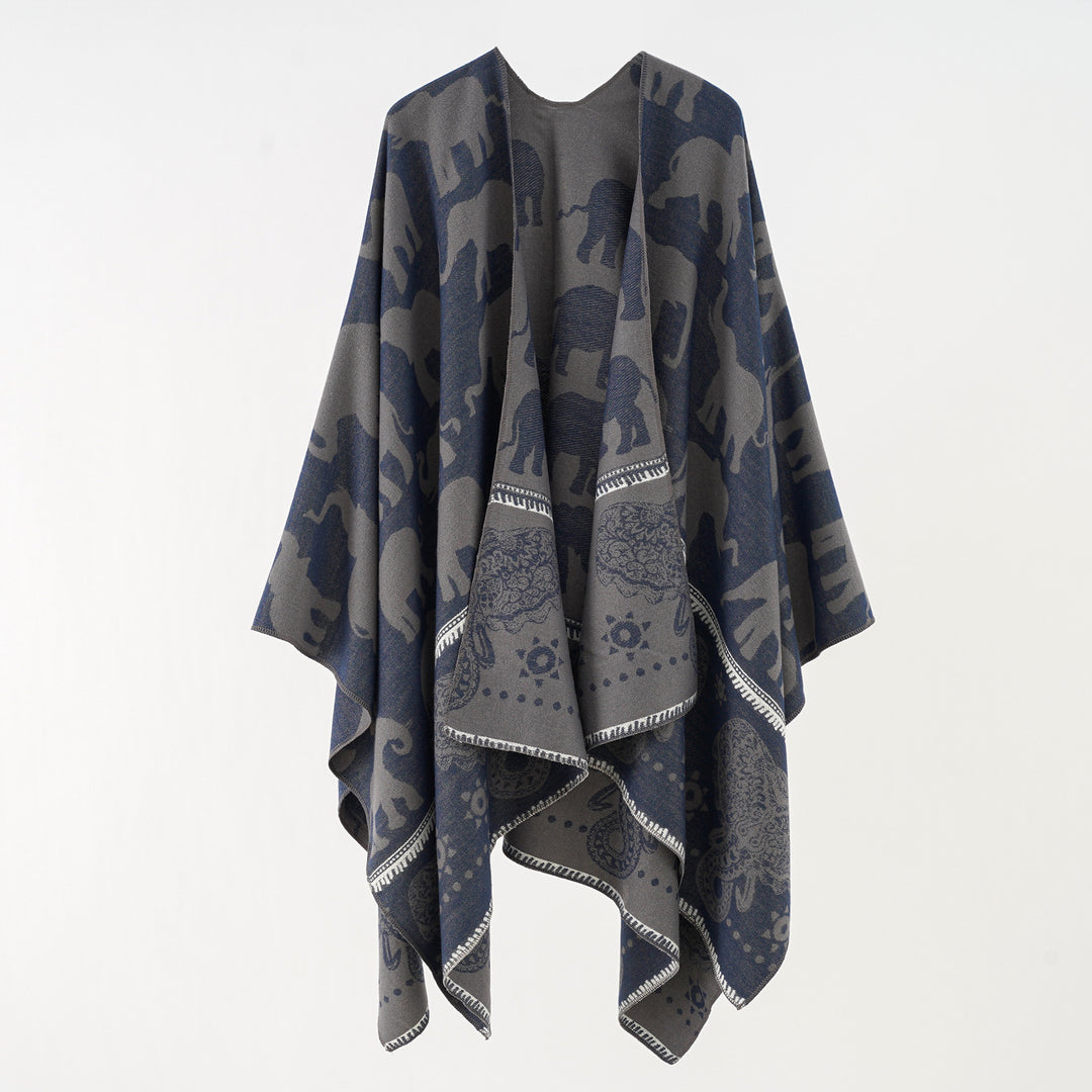 Damen Jacquard‑Ruana mit Elefantenmotiv und ornamentaler Bordüre Shop Nory