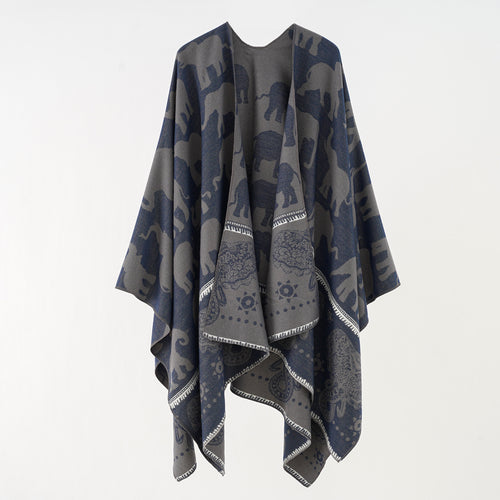 Damen Jacquard‑Ruana mit Elefantenmotiv und ornamentaler Bordüre Shop Nory