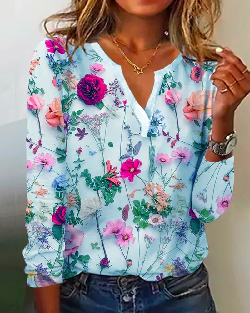 Damen Floral Lange Bluse im Chiffon-Look mit V-Schlitz und Lässiger Silhouette Shop Nory