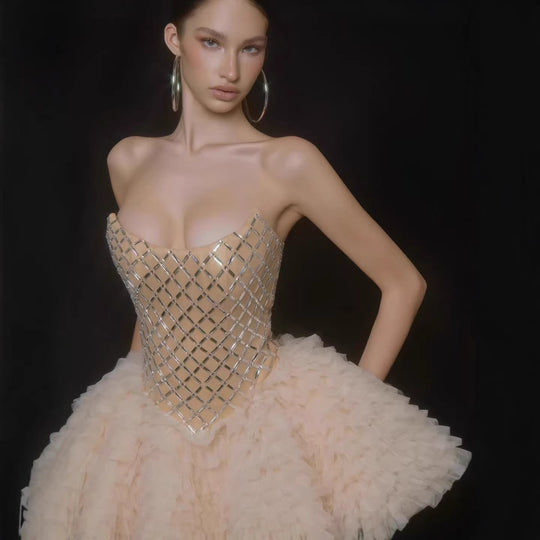 Damen Glamouröses Tüll-Cocktailkleid mit schimmerndem Oberteil