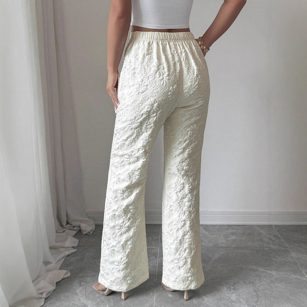 Damen hochgeschnittene Jacquard-Hose mit floralem Stickmuster, weitem Beinschnitt und Eingrifftaschen Shop Nory