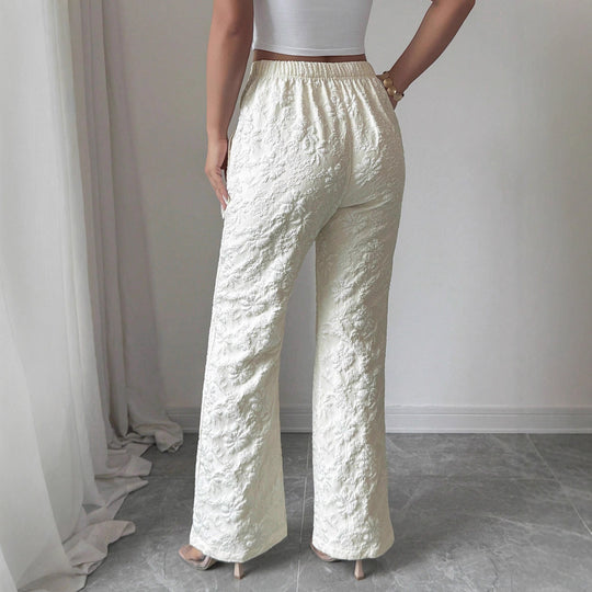 Damen hochgeschnittene Jacquard-Hose mit floralem Stickmuster, weitem Beinschnitt und Eingrifftaschen Shop Nory