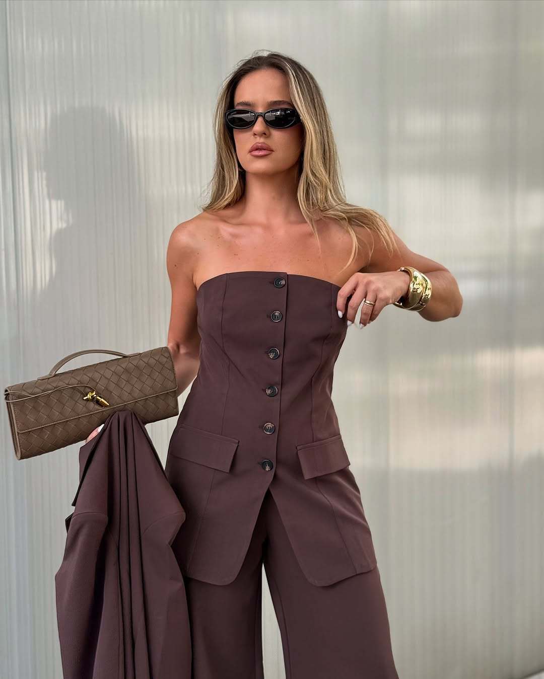 Damen Zweiteiliges Tailoring-Set mit trägerlosem Korsagenoberteil und weiter Palazzohose Shop Nory