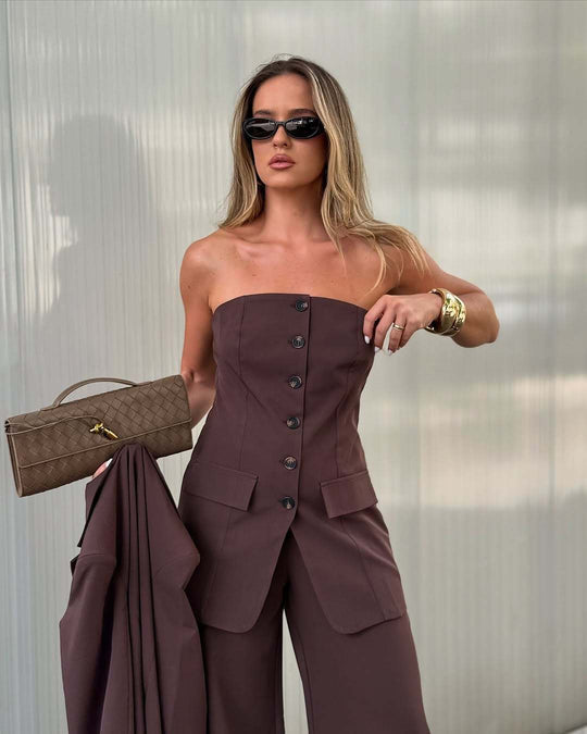 Damen Zweiteiliges Tailoring-Set mit trägerlosem Korsagenoberteil und weiter Palazzohose Shop Nory