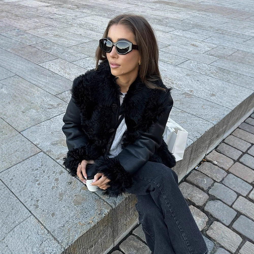 Damen Oversize Kunstleder-Mantel im Aviator-Stil mit voluminösem Faux-Fur-Kragen und Teddybündchen Shop Nory