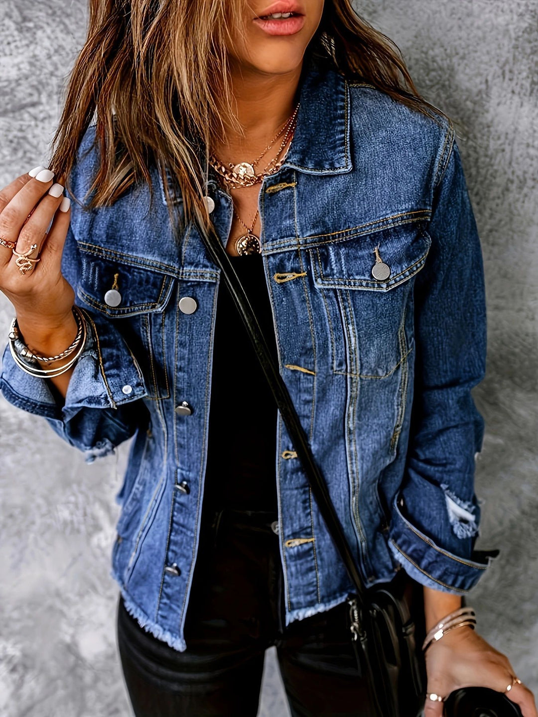 Damen Kurz geschnittene Denim-Jacke im Trucker‑Stil mit Fransenbesatz Shop Nory