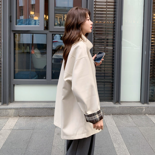 Damen Oversized Kurzmantel mit Stehkragen und kariertem Ärmelfutter Shop Nory