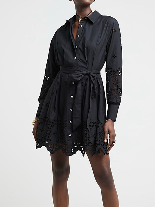 Damen Hemdblusenkleid mit Lochstickerei und Taillengürtel Shop Nory