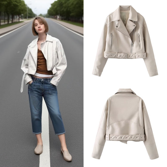 Damen Kurzjacke im Bikerstil aus soften Kunstleder mit Taillenriegel Shop Nory