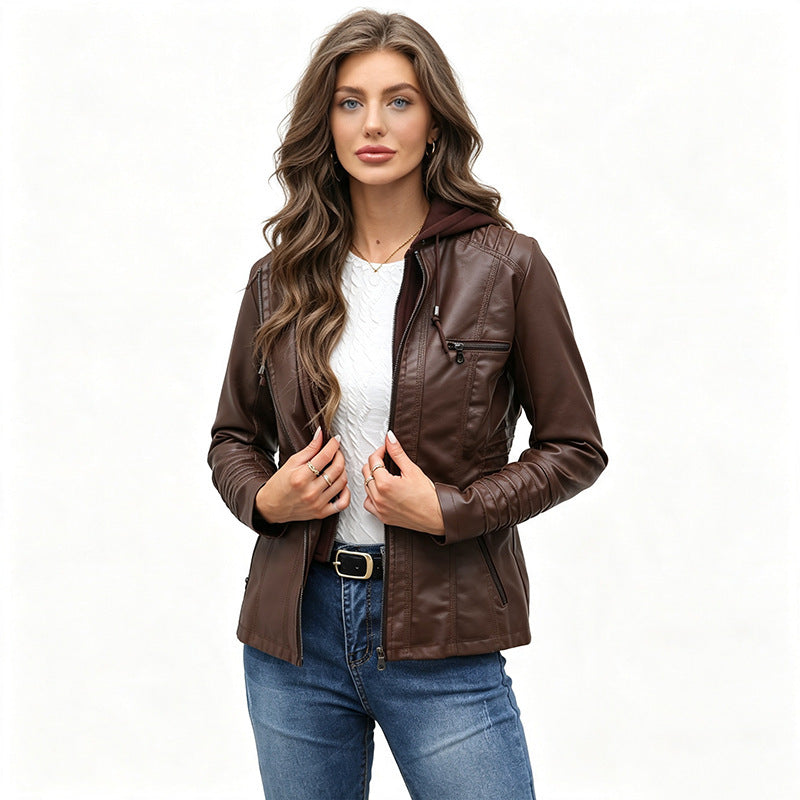 Damen Taillierte Kunstlederjacke mit abnehmbarer Kapuze und Reißverschluss Shop Nory
