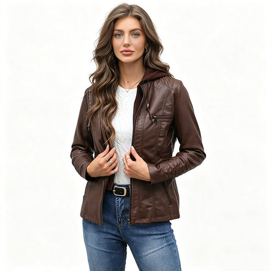 Damen Taillierte Kunstlederjacke mit abnehmbarer Kapuze und Reißverschluss Shop Nory